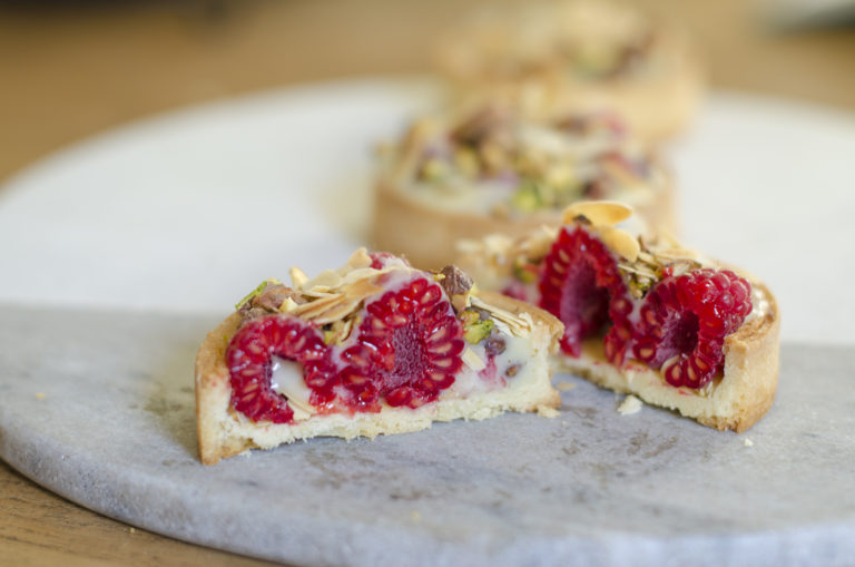 Raspberry, Pistachio & White Chocolate Ganache Tart